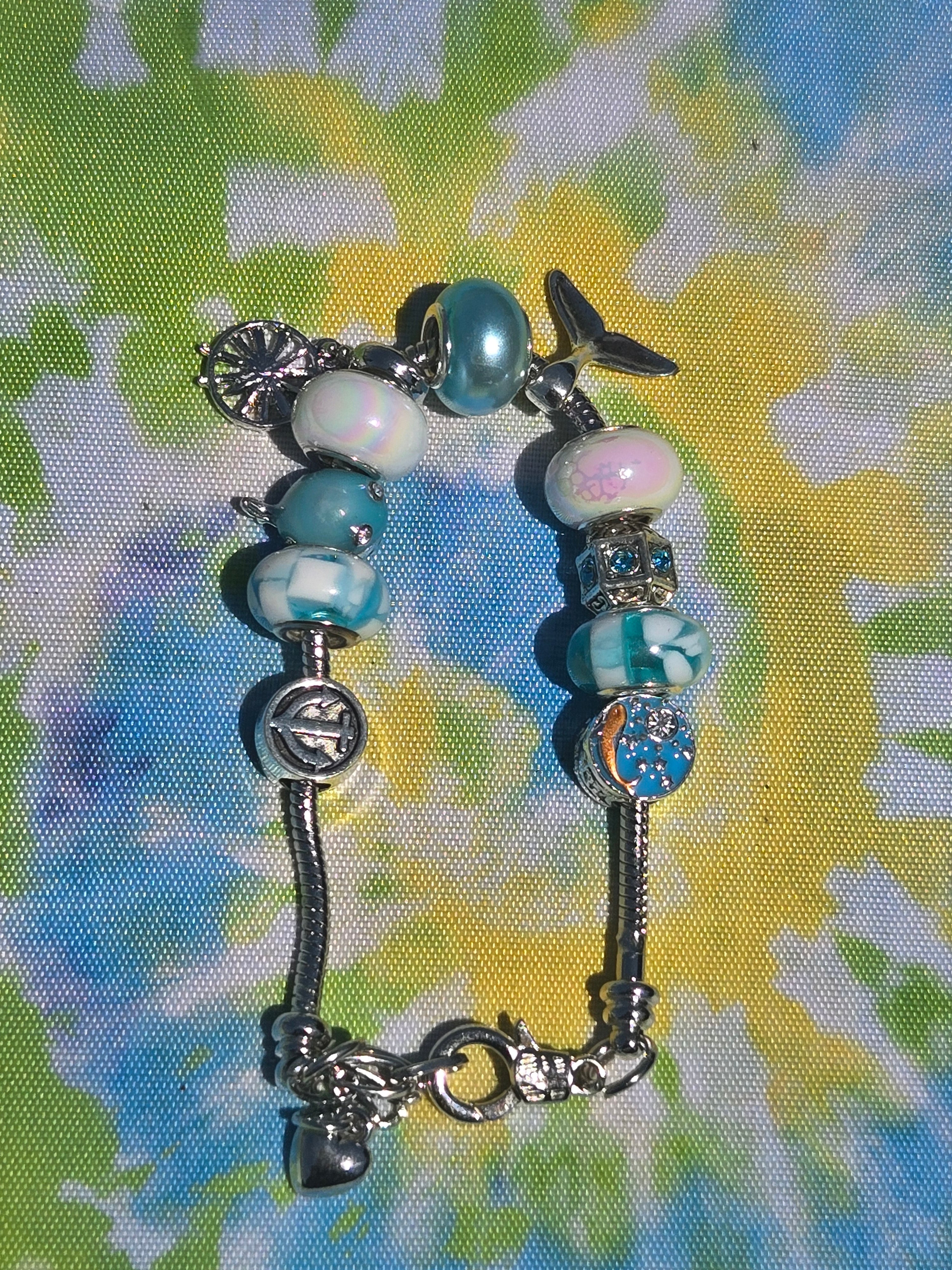 Blue Ocean Themed Whale Tail and Anchor Charm Bracelet