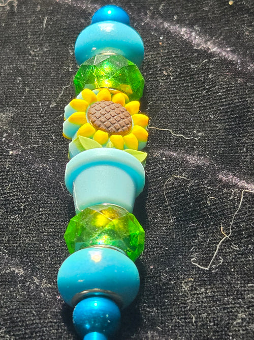 Blue Crochet Hook 3mm With Blue & Green Beads & Sunflower Charm