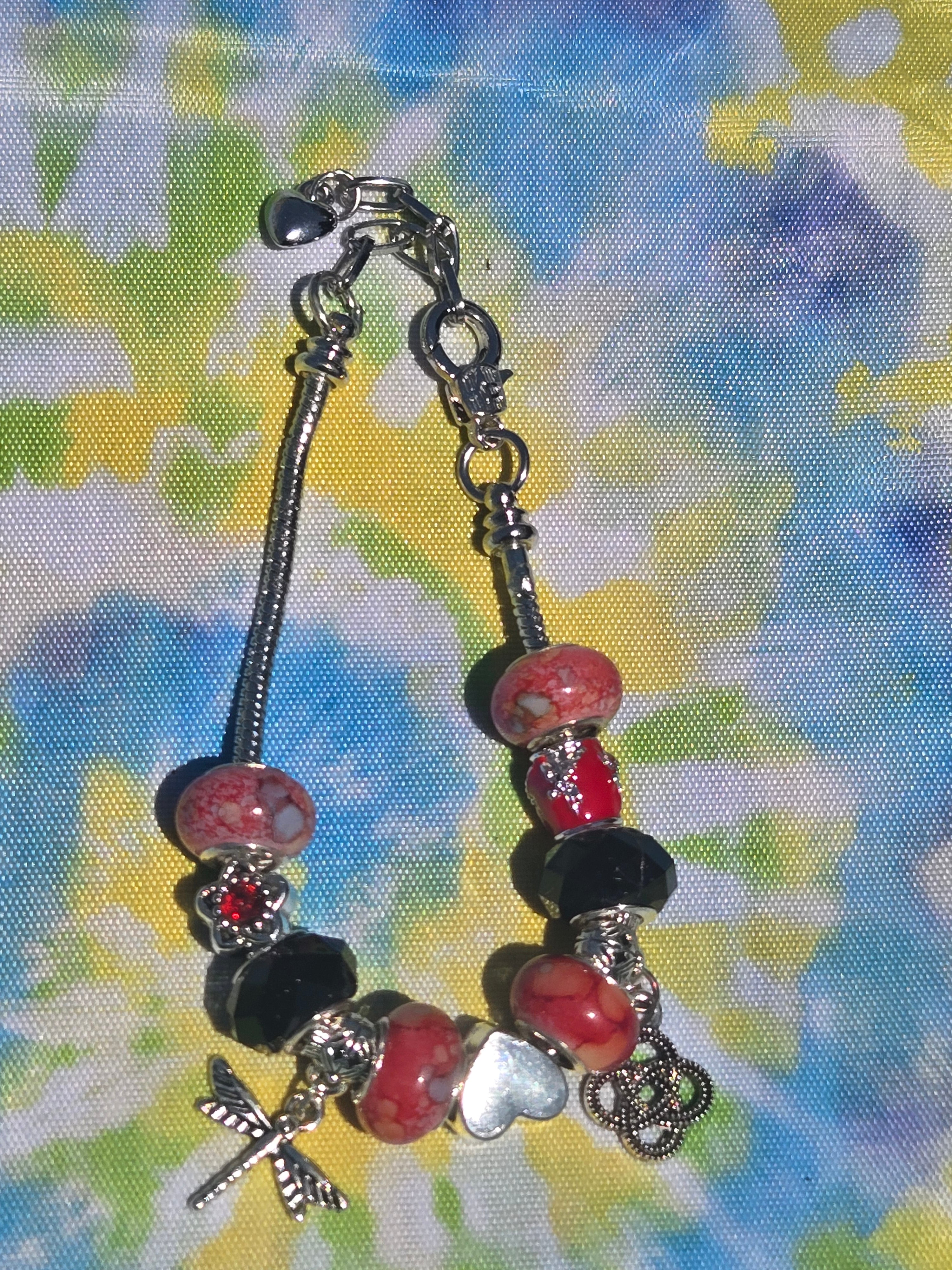 Red & Black Dragonfly Charm Bracelet