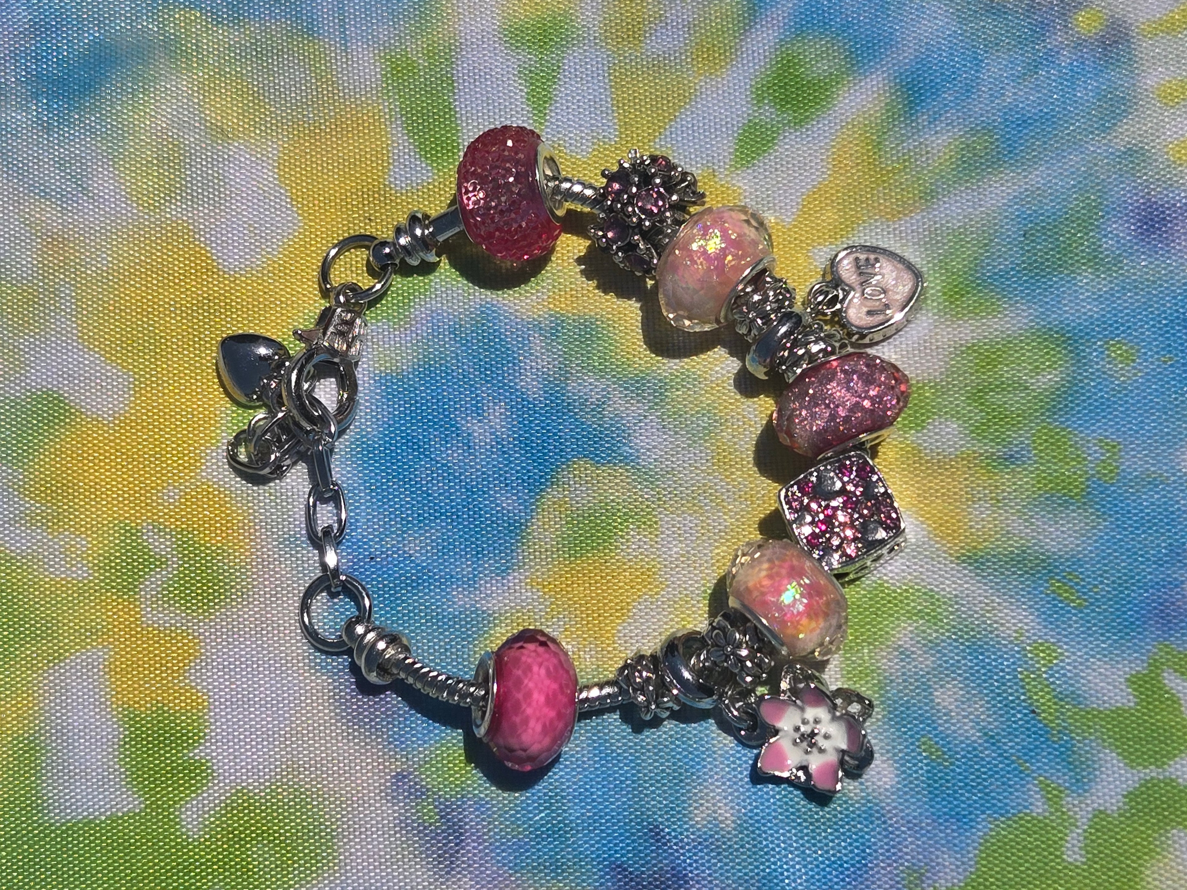 Pink Love & Flowers Charm bracelet