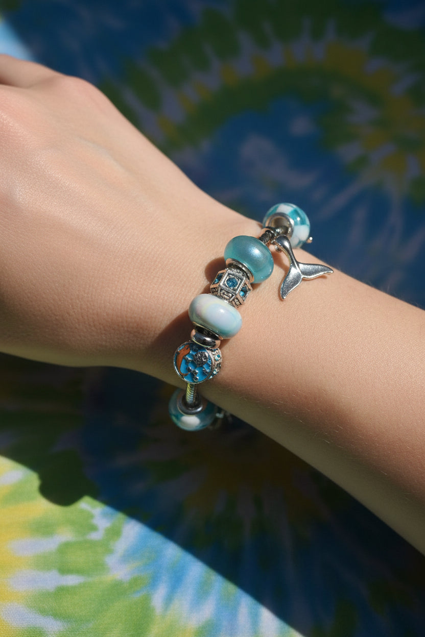 Blue Ocean Themed Whale Tail and Anchor Charm Bracelet
